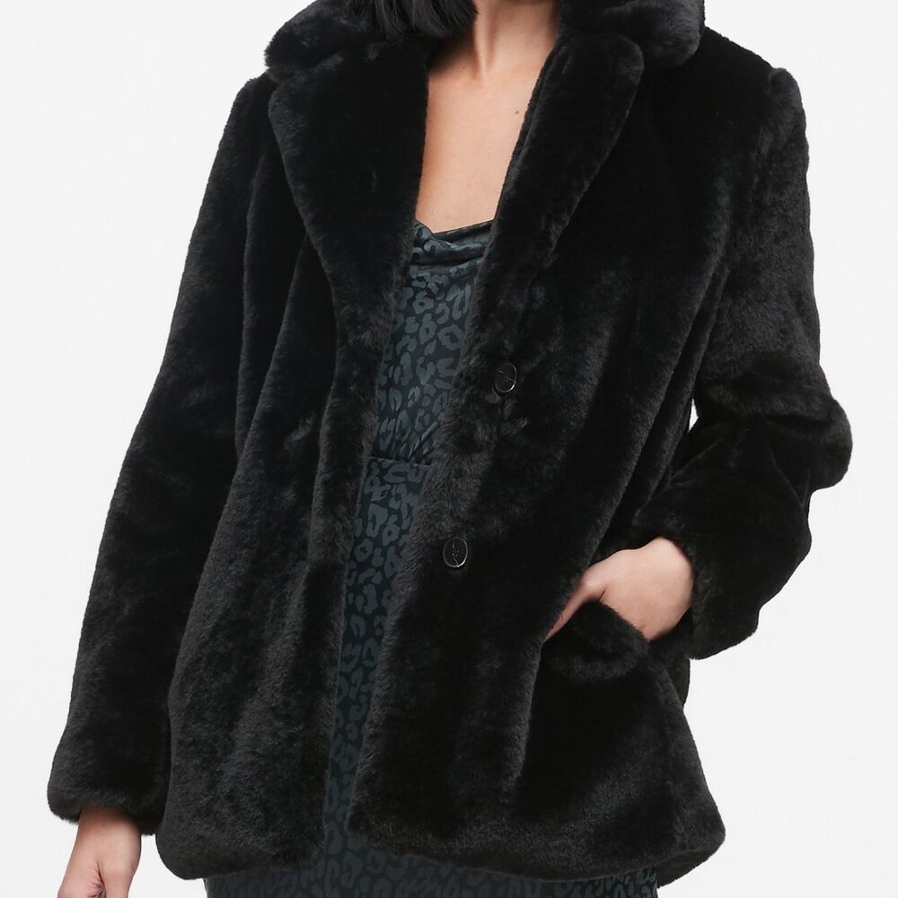NWT Banana Republic Faux Fur Coat, Black, PXXS Petite